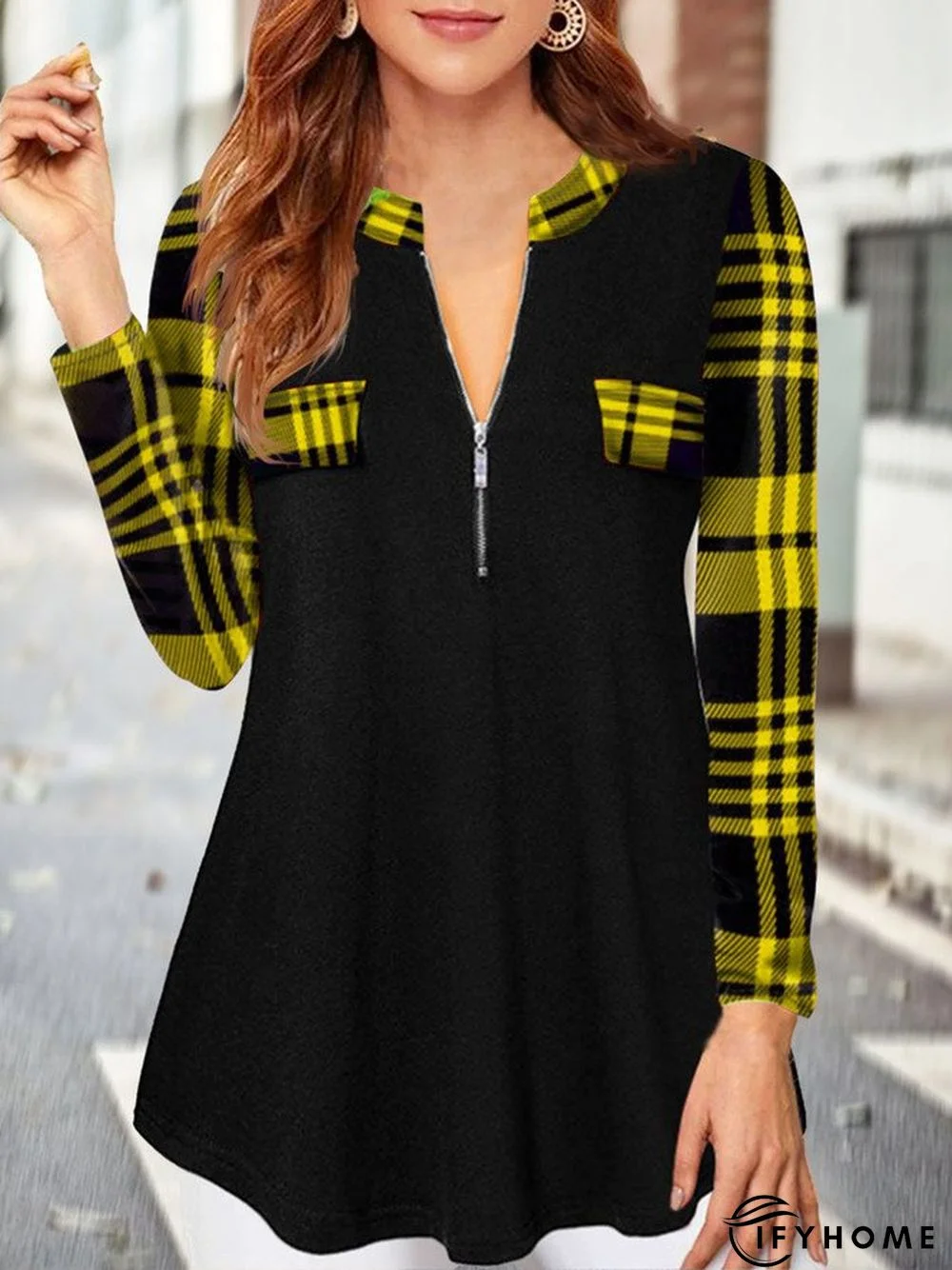 Long Sleeve V-neck Zipper Plain Geometric Plaid Tunics | IFYHOME
