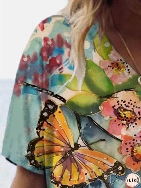 Butterfly Printed V-neck T-shirt for Women