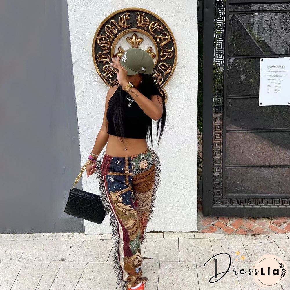 Side Tassels Patchwork Elastic Waist Women Print Jogger Pant