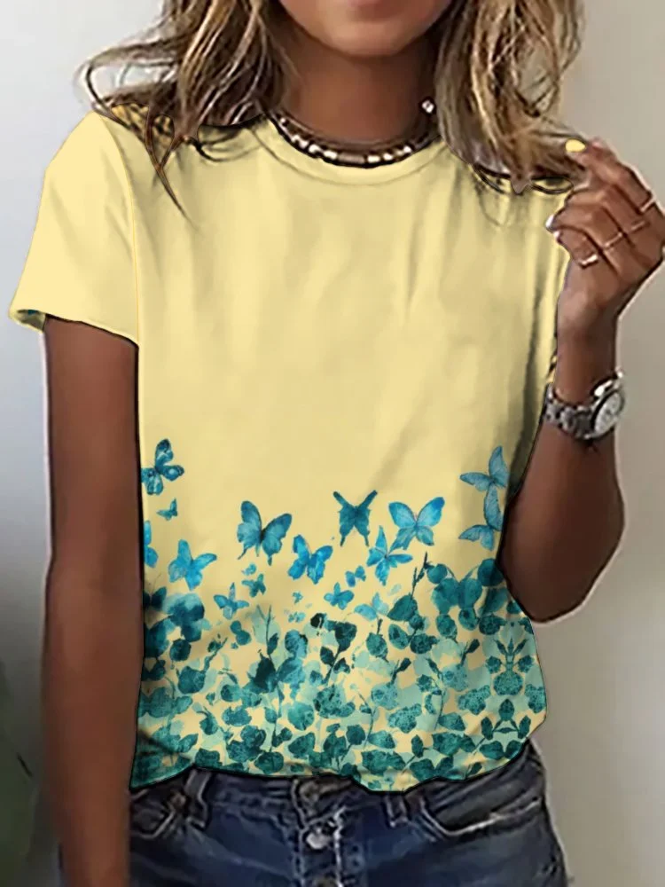 Printed Short Sleeve Casual T-shirt for  Women and Men Unisex Pattern Blue,Yellow,Floral