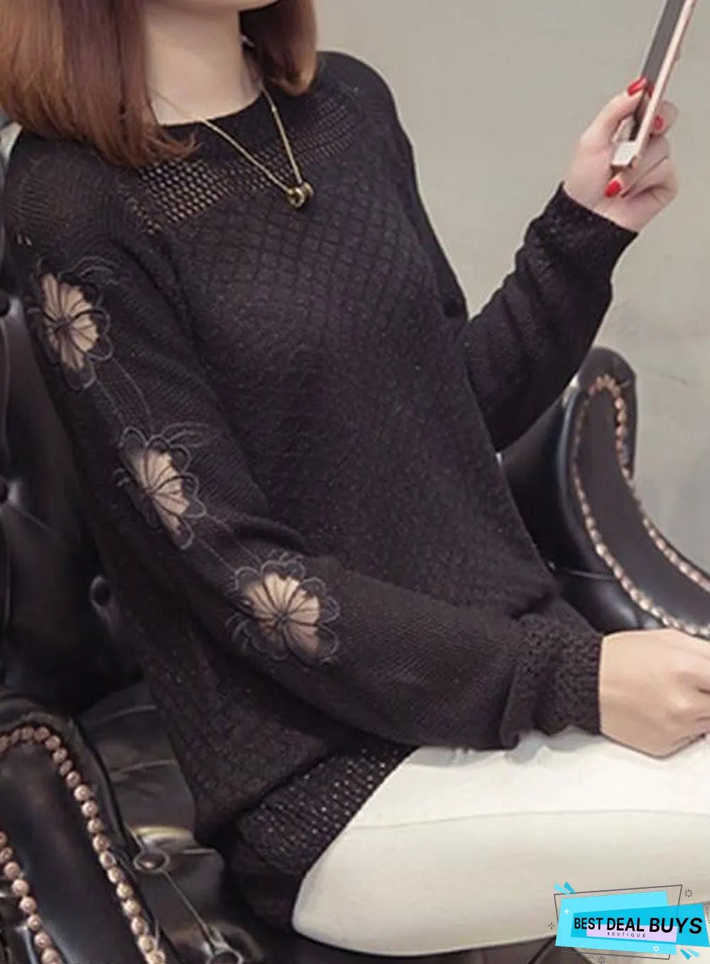 Round Neck Patchwork Elegant Plain Long Sleeve Knit Pullover