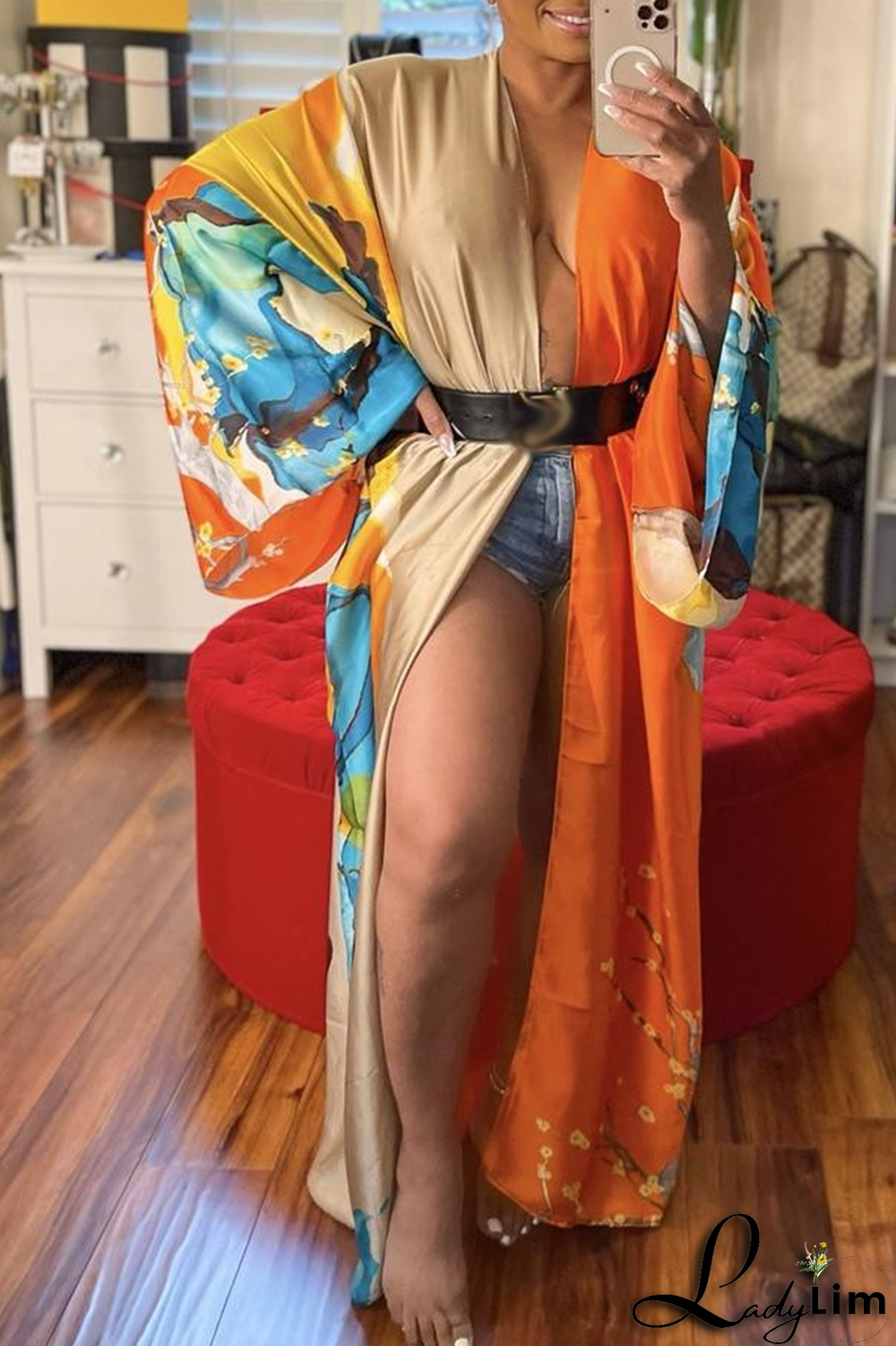 Black Fashion Print Patchwork Cardigan Collar Outerwear(Without belt)