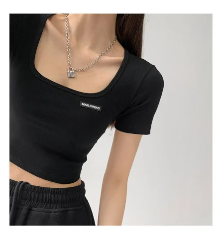 Uveng Uveng Collar Dew Collarbone Slim Bottom Shirt 2024 Summer New Short-Sleeve Crop Cord T-Shirt Student Short Jacket Female Ins