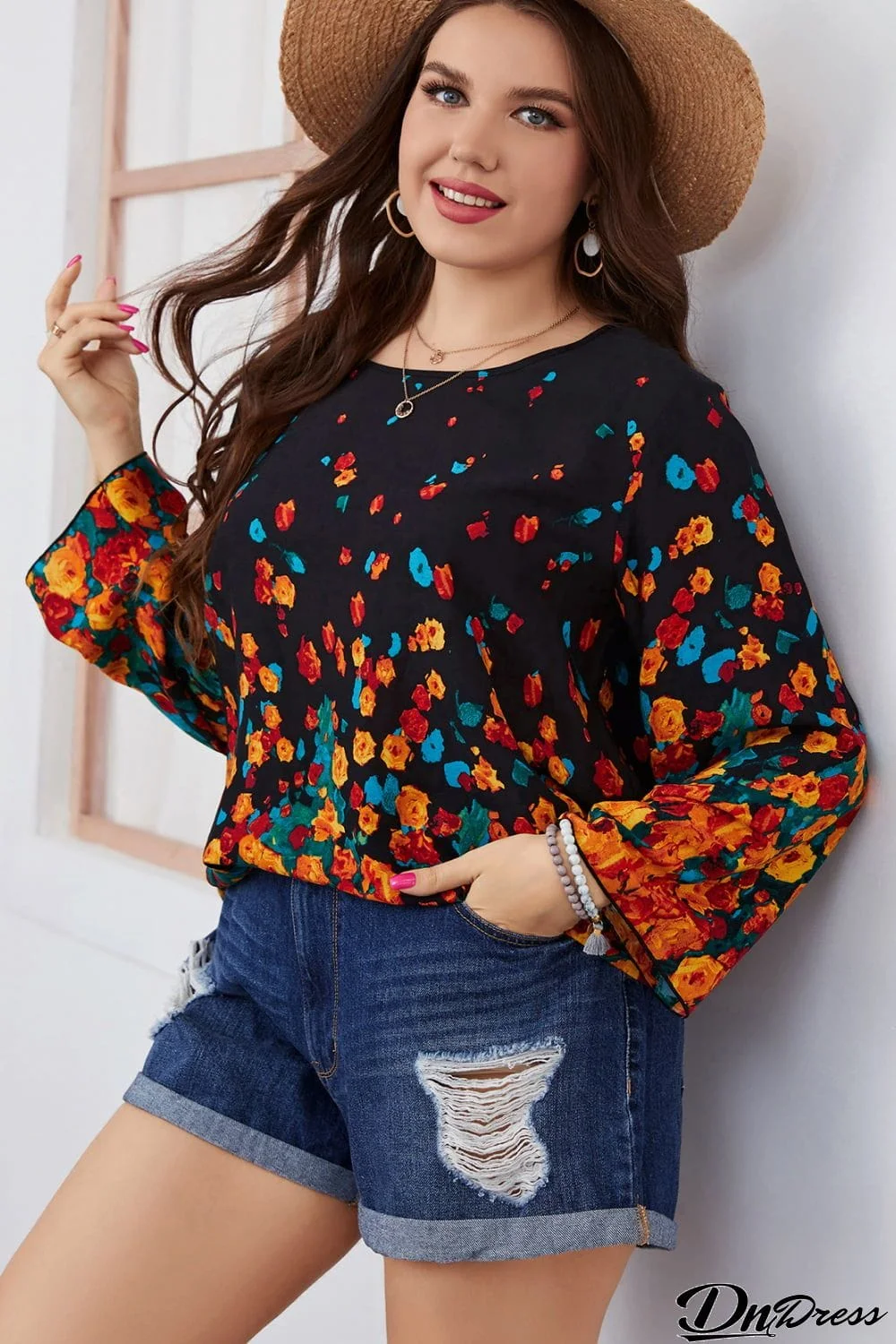 Plus Size Floral Round Neck Long Sleeve Blouse