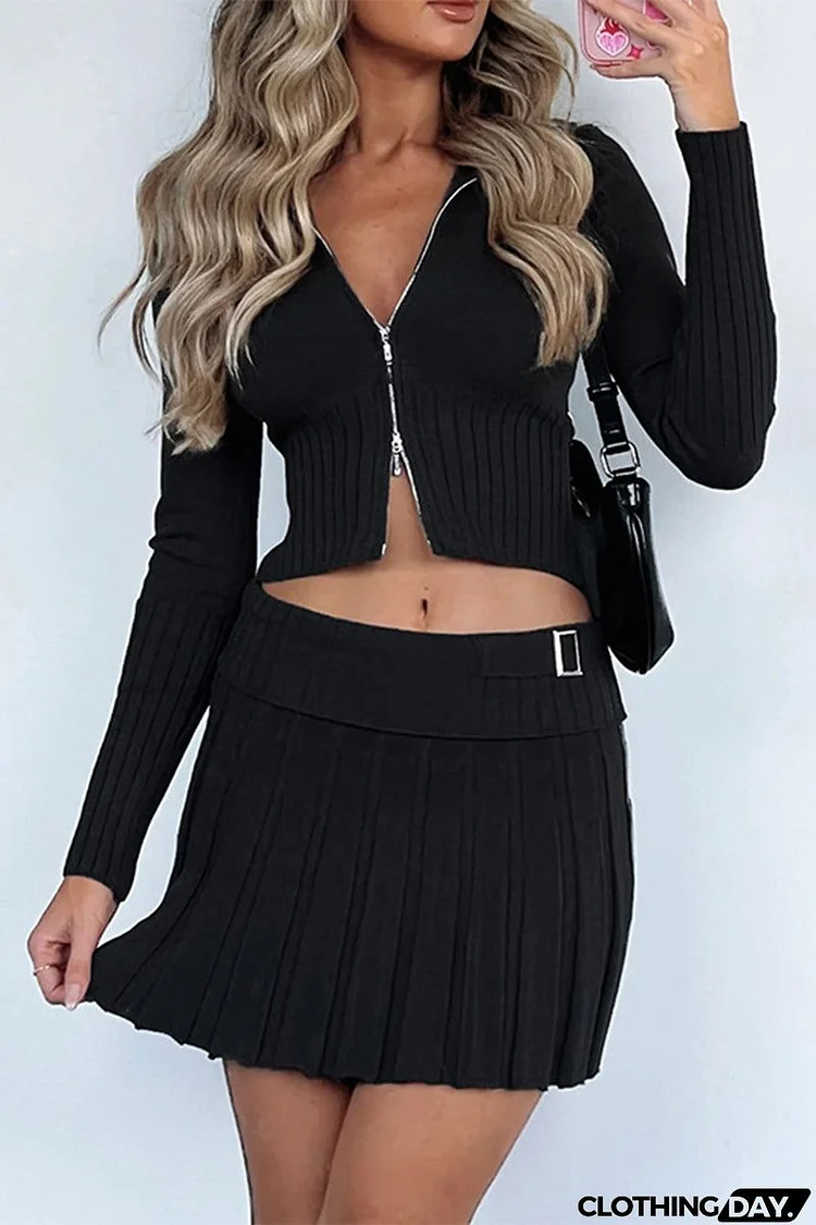 Sexy Solid Fold Zipper Turndown Collar Long Sleeve Two Pieces