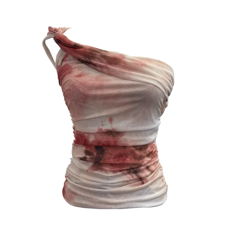 Churchf Net Yarn Printed Slanted Shoulder Sling Vest Retro Design Folding Temperament Short Blouse 8009