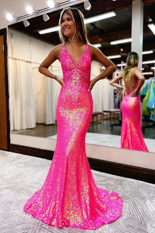 Lavender fashion V-neck shiny sequins long prom dress evening gown