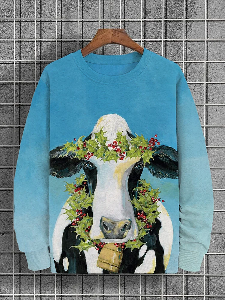 Men's Christmas Holly Wreath Cow Print Casual Sweatshirt