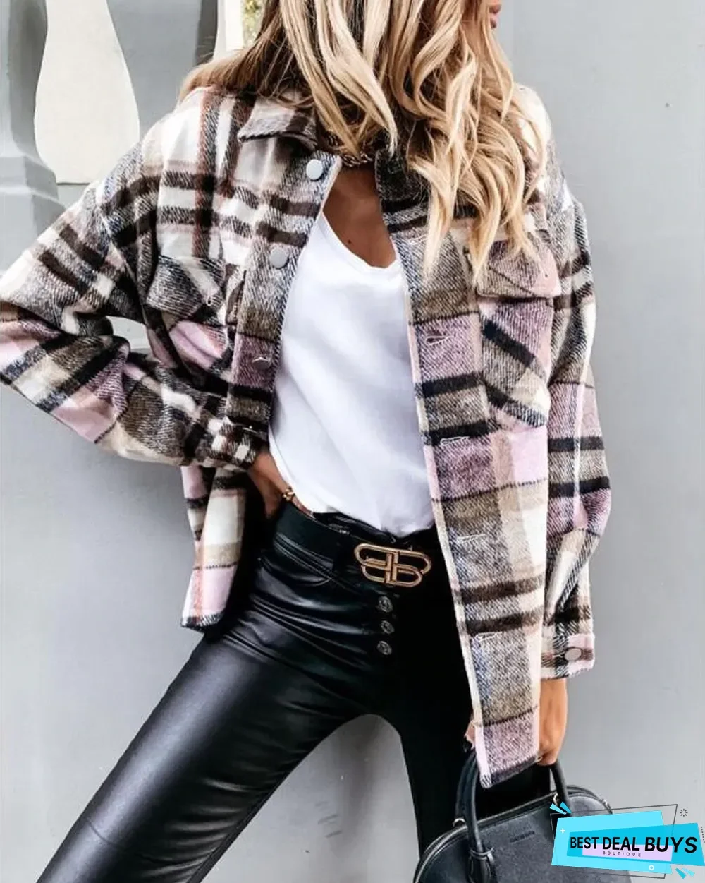 Plaid Print Button Front Long Sleeve Shacket