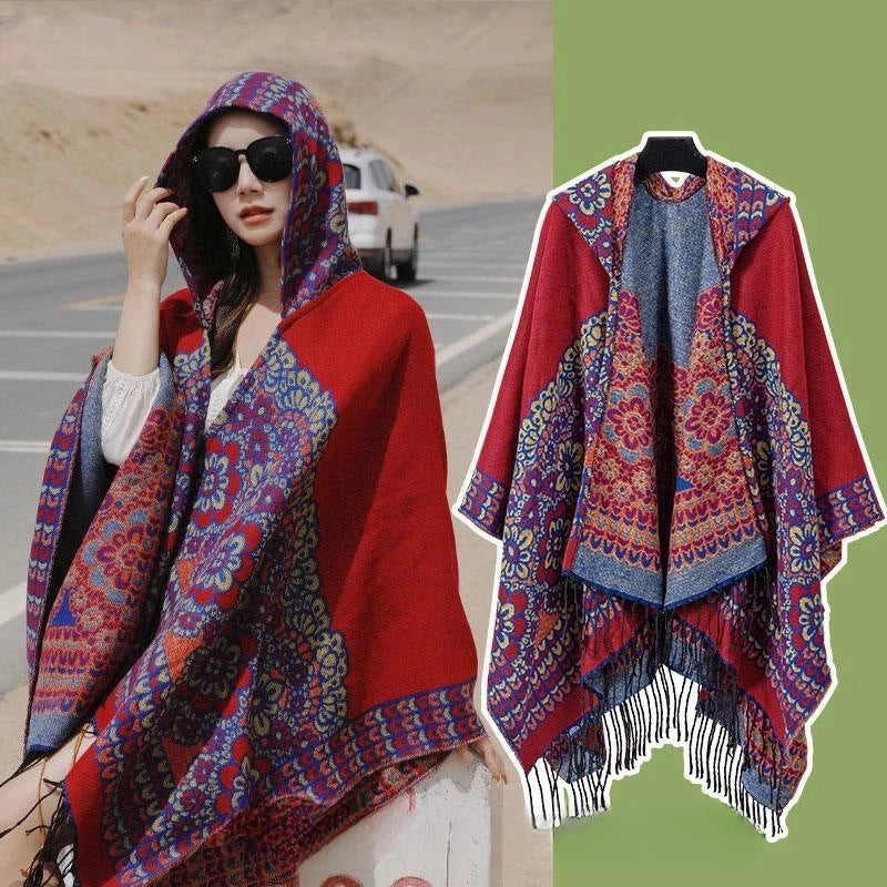 Ethnic Style Hooded Cape Women’s Yunnan Tibet Western Sichuan Grassland Bohemia Travel Wear Scarf Coat