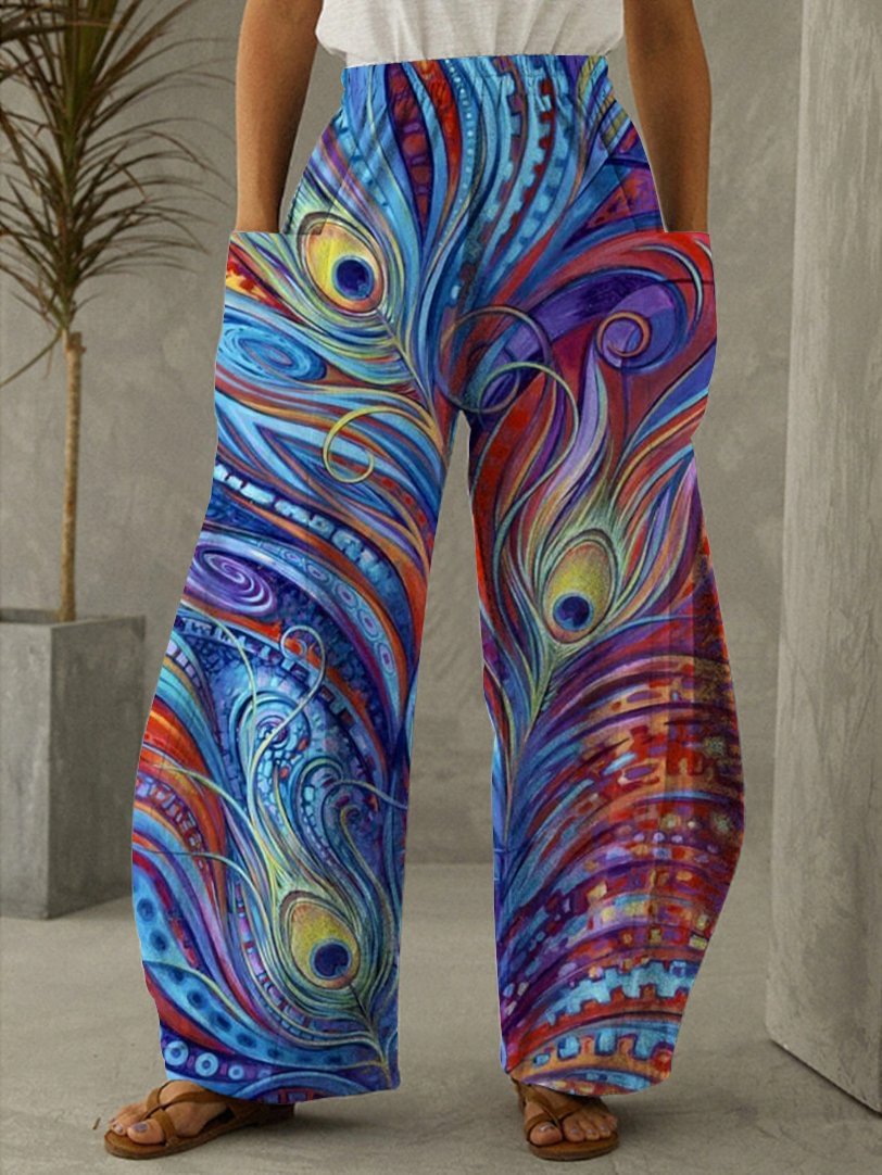 Peacock Feather Print Casual Loose Vintage Pants