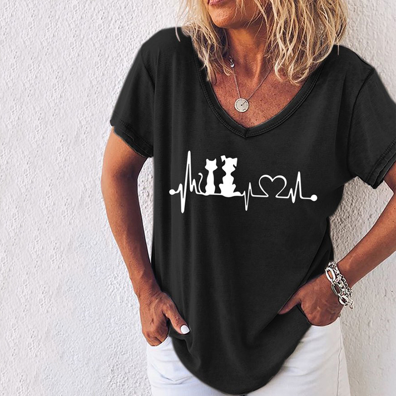 Cat Print V-Neck Casual T-Shirt wearshes