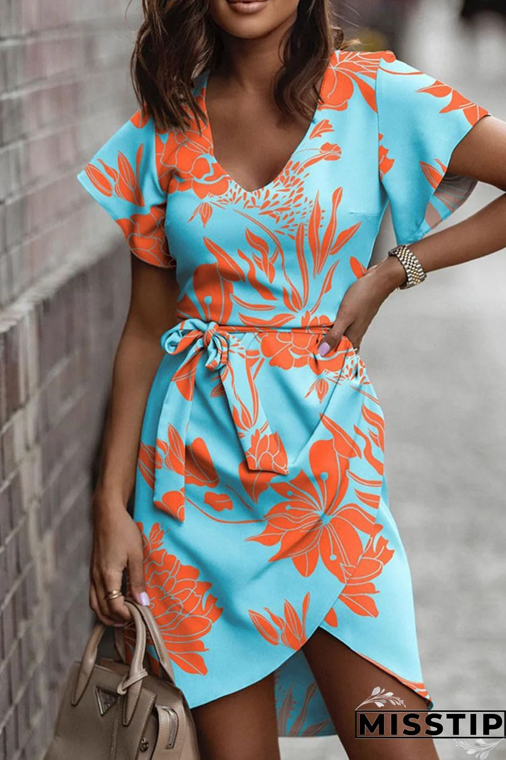 Army Green Casual Print Bandage Patchwork V Neck Irregular Dress Dresses