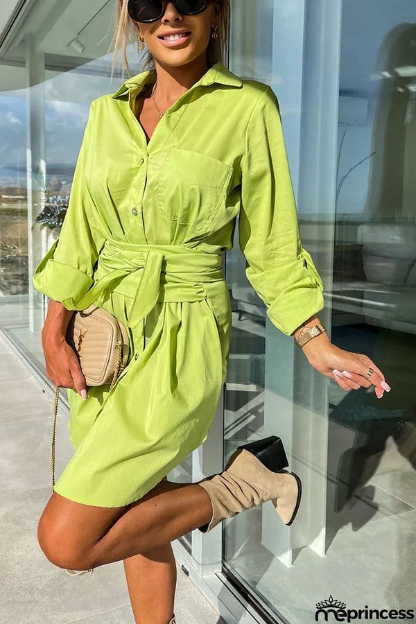 Sun Valley Tie Front Button Pocketed Shirt Mini Dress