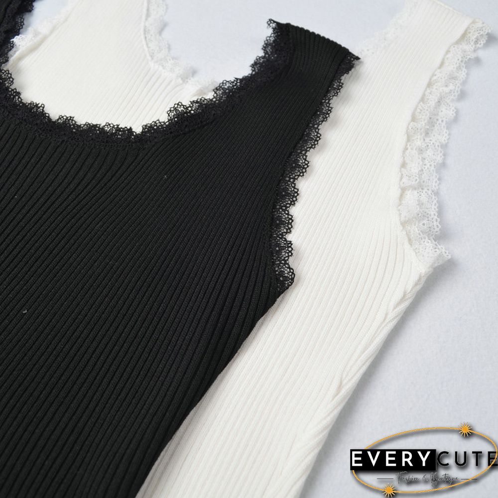Ace Trim Tank Top Solid Color Knit Bottoming Vests Fashion Trendy Womens Camisoles Crop Top