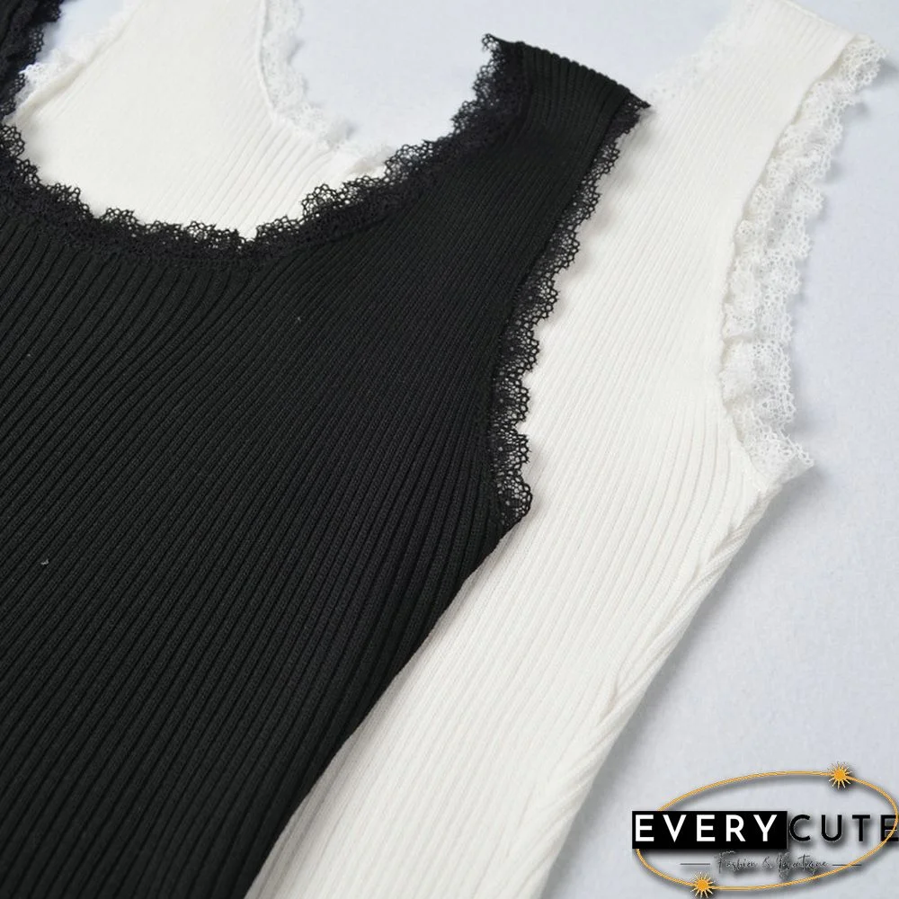 Ace Trim Tank Top Solid Color Knit Bottoming Vests Fashion Trendy Womens Camisoles Crop Top