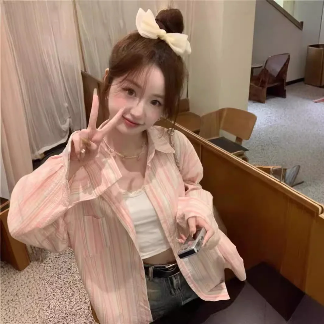 Athvotar Athvotar Sense Striped Polo Collar Long-Sleeved Shirt Coat Women Spring And Summer Loose Thin Sun Protection Shirt Outside The Shirt Top