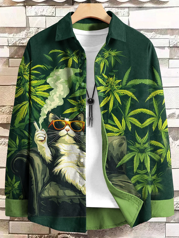 Men's Weed Leaves Chilling Cat Art Print Long Sleeve Shirt