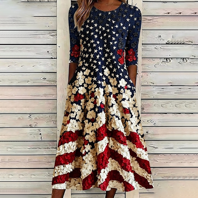 Comstylish Women's Vintage Star Flower Flag Art Print Dress