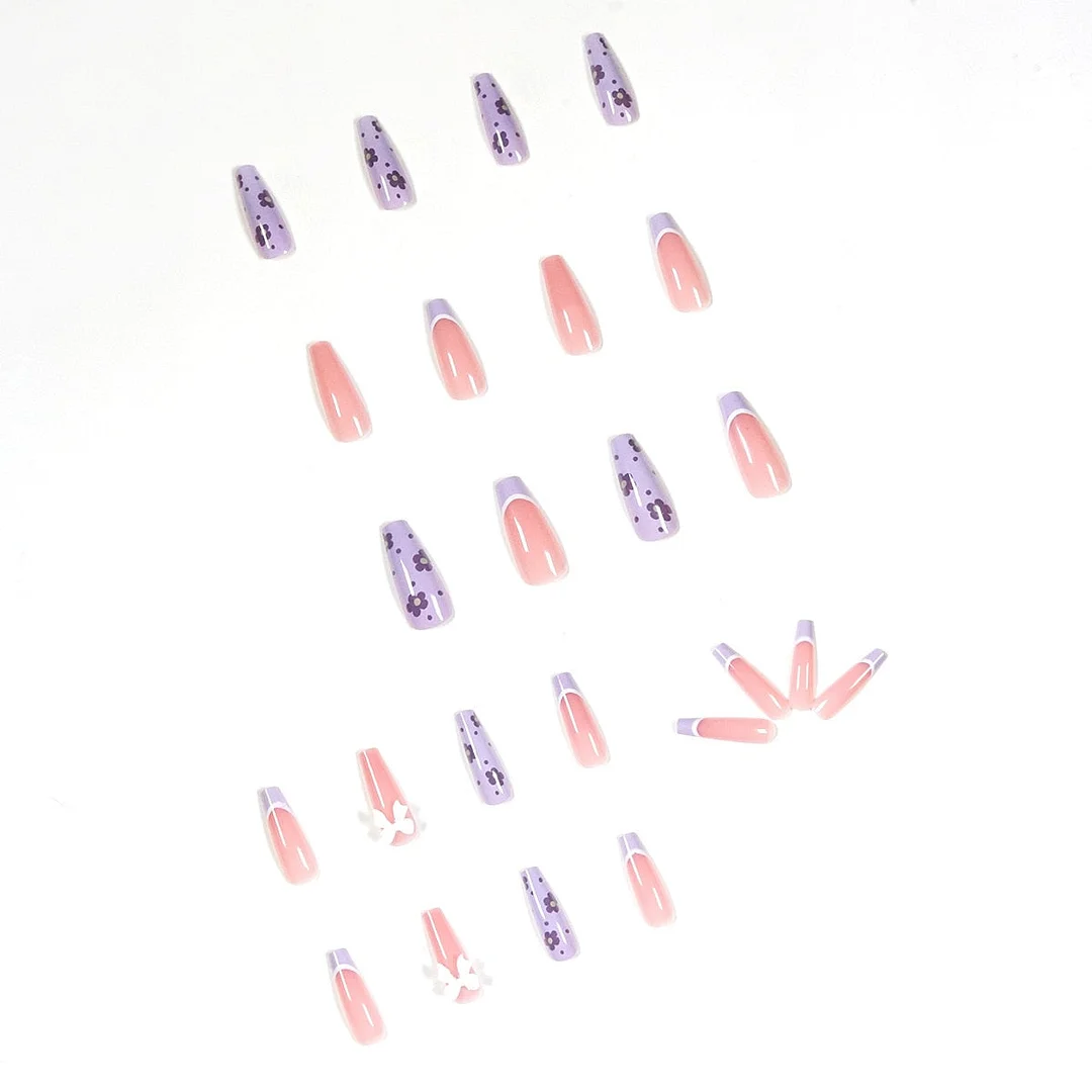 Fake Nails Purple Flower French Style Full Cover Fake Nails DIY Glue Press On Nails Nail Supplies For Professionals-Nail Inspo