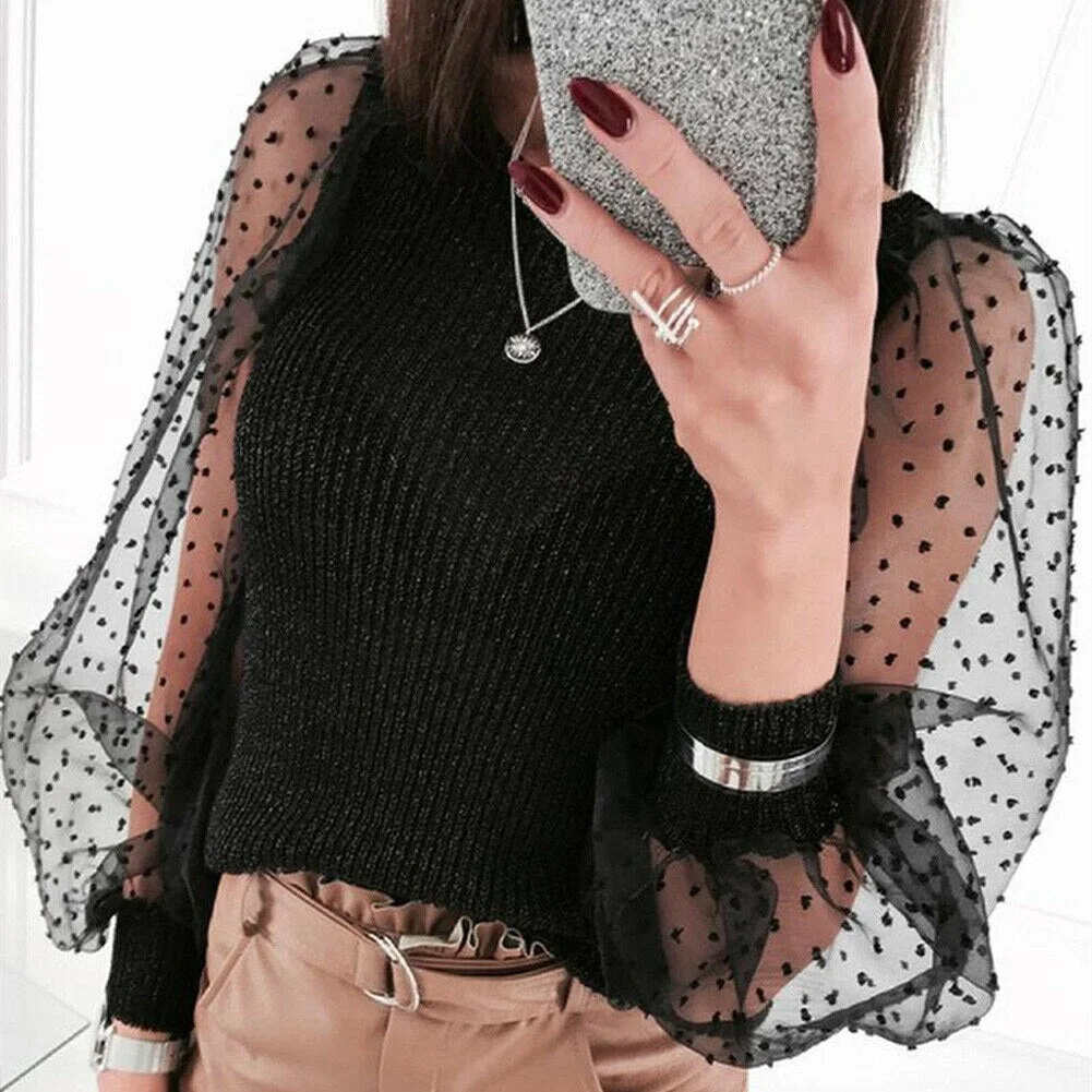 Women Vogue Knitted Mesh Puff Long Sleeve Sweater Tops Lady Slim Pullover Sweaters Jumper Female Fashion Retro Sweater Knitwear