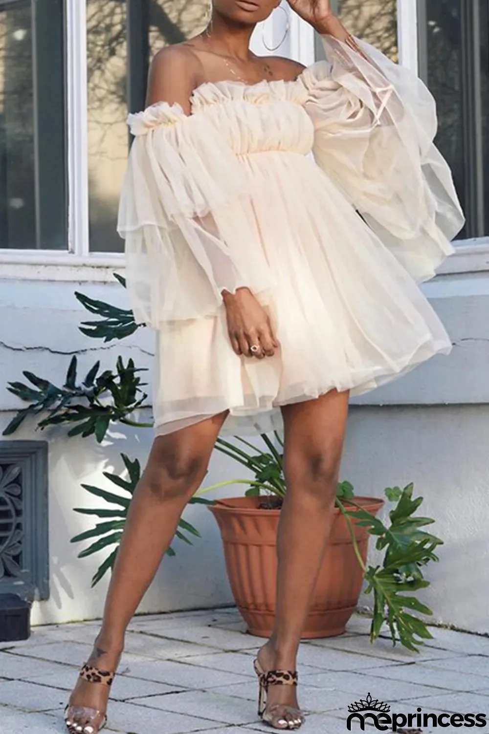 Apricot Casual Solid Mesh Off the Shoulder Irregular Dress Dresses