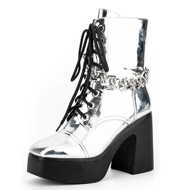 Women's Fashion Thick-Soled Front Lace-Up Silver Heightened British Martin Boots Chunky Heel Side Zipper Ankle Boots Novameme