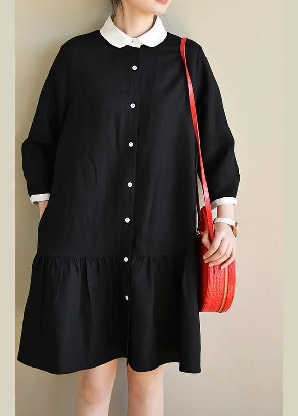 Plus Size Black Long sleeve Peter Pan Collar Patchwork Spring Cotton Dress