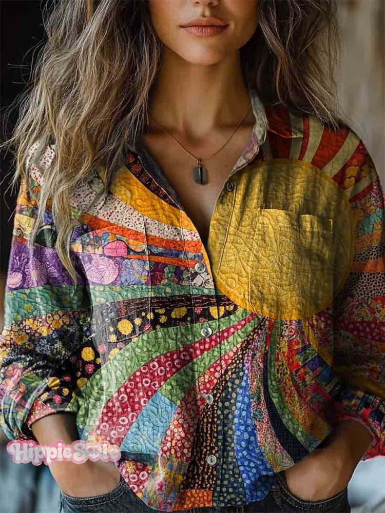 Women’s Colorful Sunshine Collage Print Casual Long Sleeve Comfortable Cotton Shirt Multicolor / S