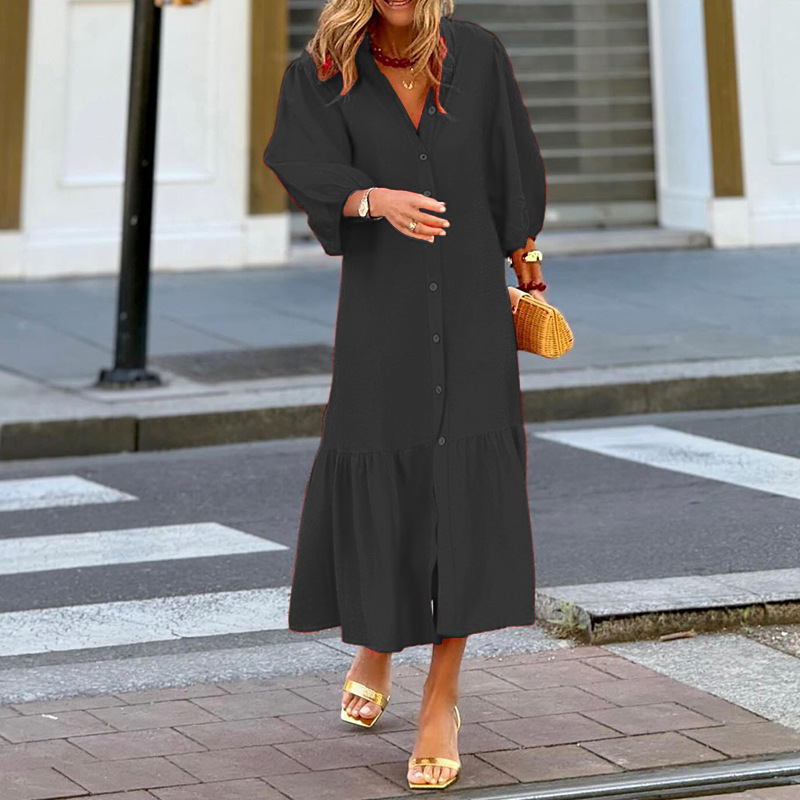 Mature Women Fashion Temperament Pure Color Stand Collar Single-breasted Mid-length Dress