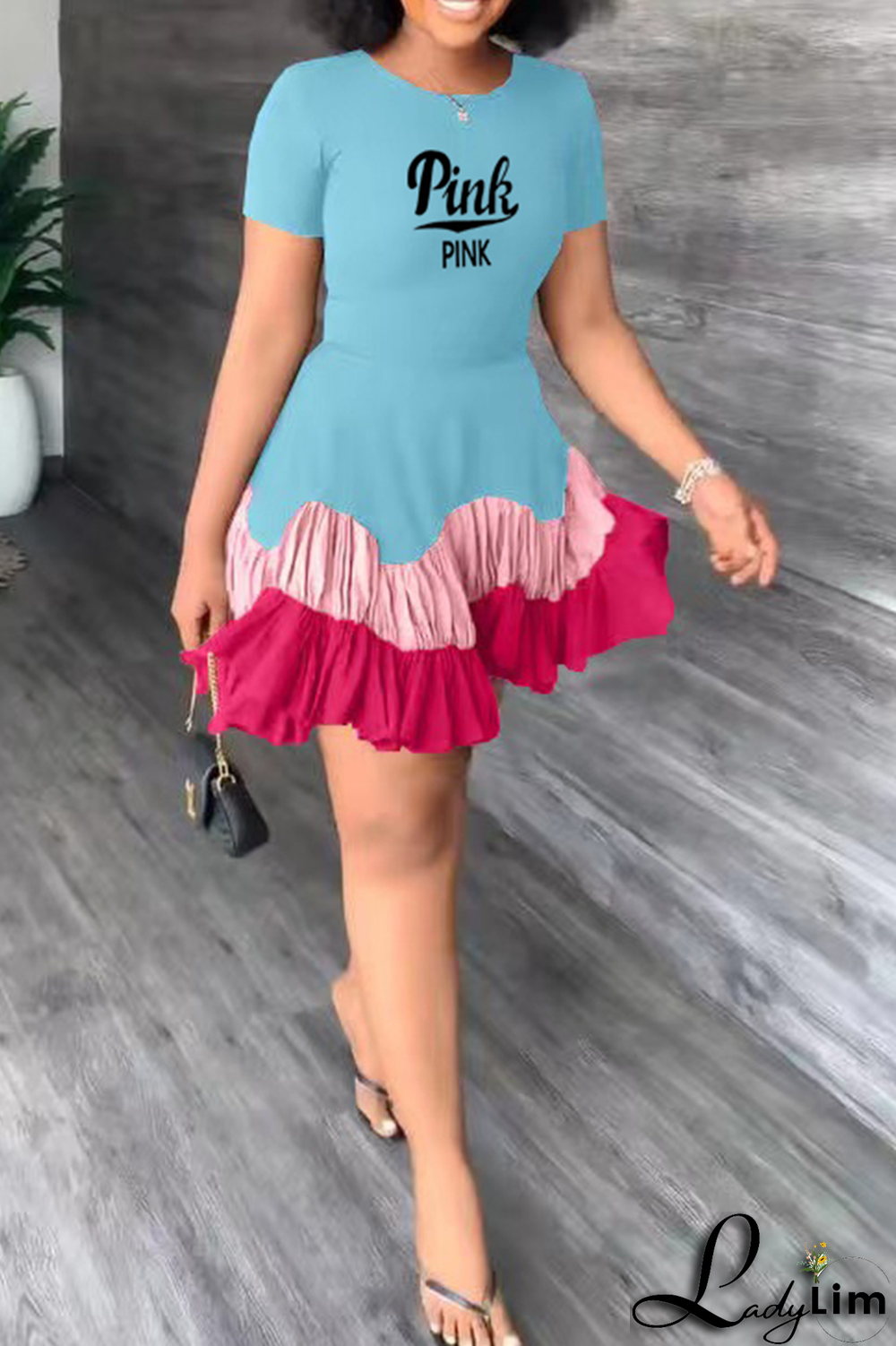 Black Casual Print Flounce O Neck Cake Skirt Dresses