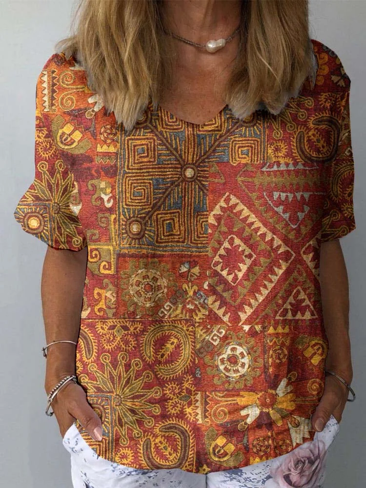 Women's Vintage Floral Print Cotton And Linen Top