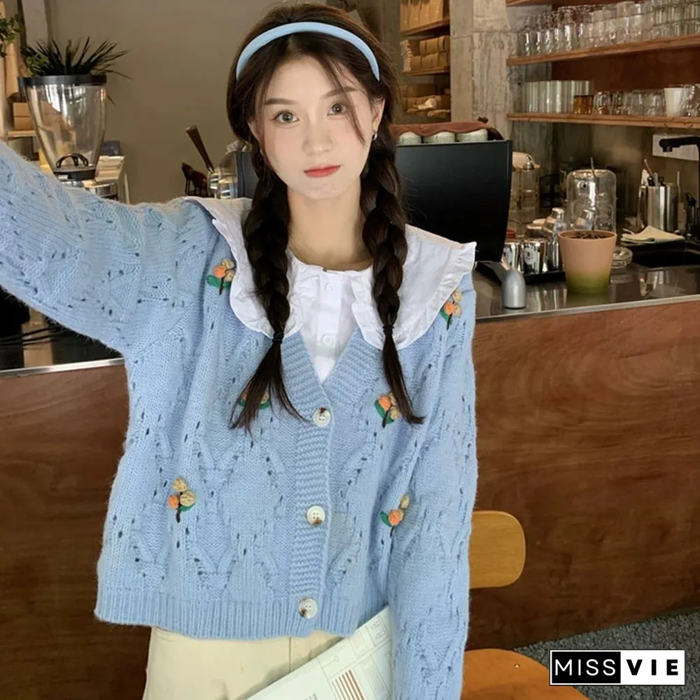3D Blossom Decor Hollow Out V-neck Cardigan Sweater