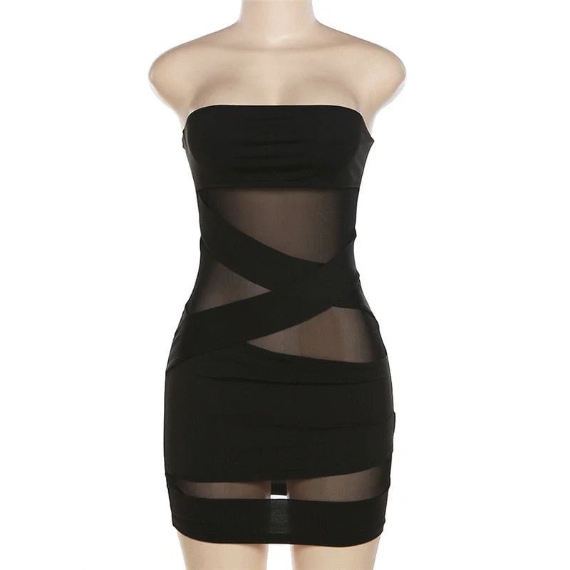Churchf Black Mesh Bandage Bodycon Mini Tube Dress