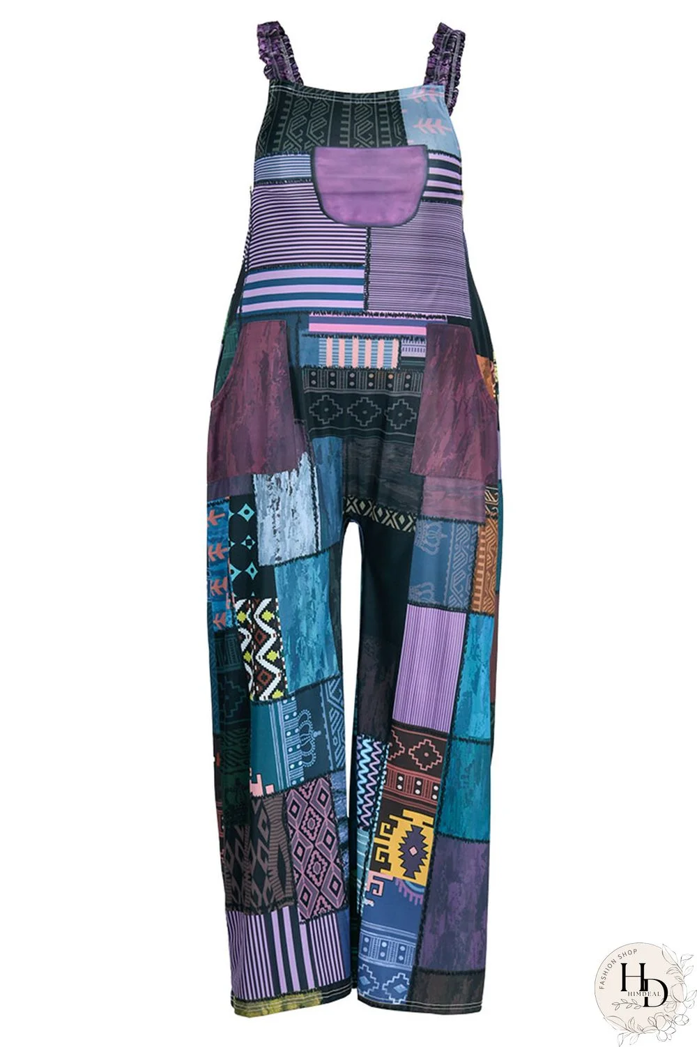 Blue Fashion Casual Street Print Patchwork Spaghetti Strap Loose Jumpsuits