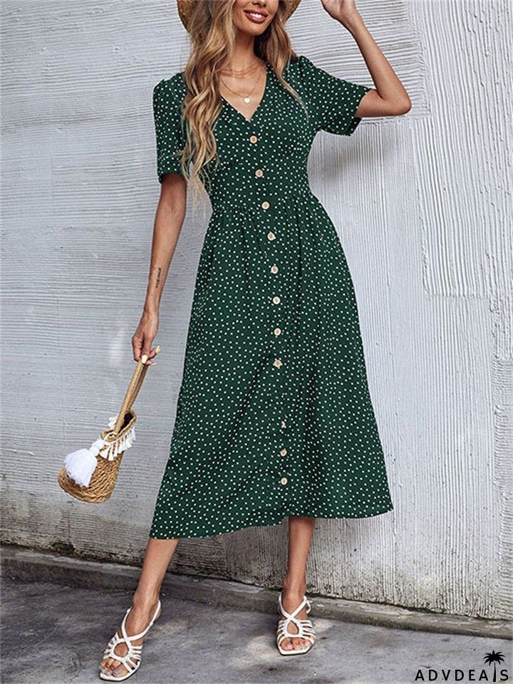 Trendy Style Button Decorated V Neck Polka Dots Printed Dresses