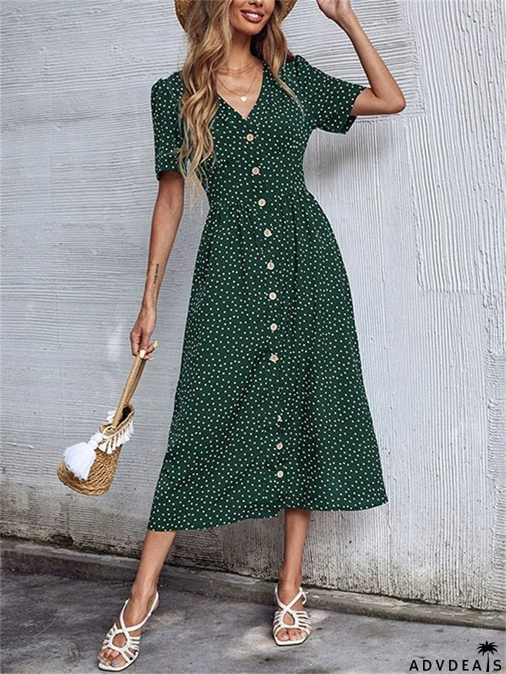 Trendy Style Button Decorated V Neck Polka Dots Printed Dresses