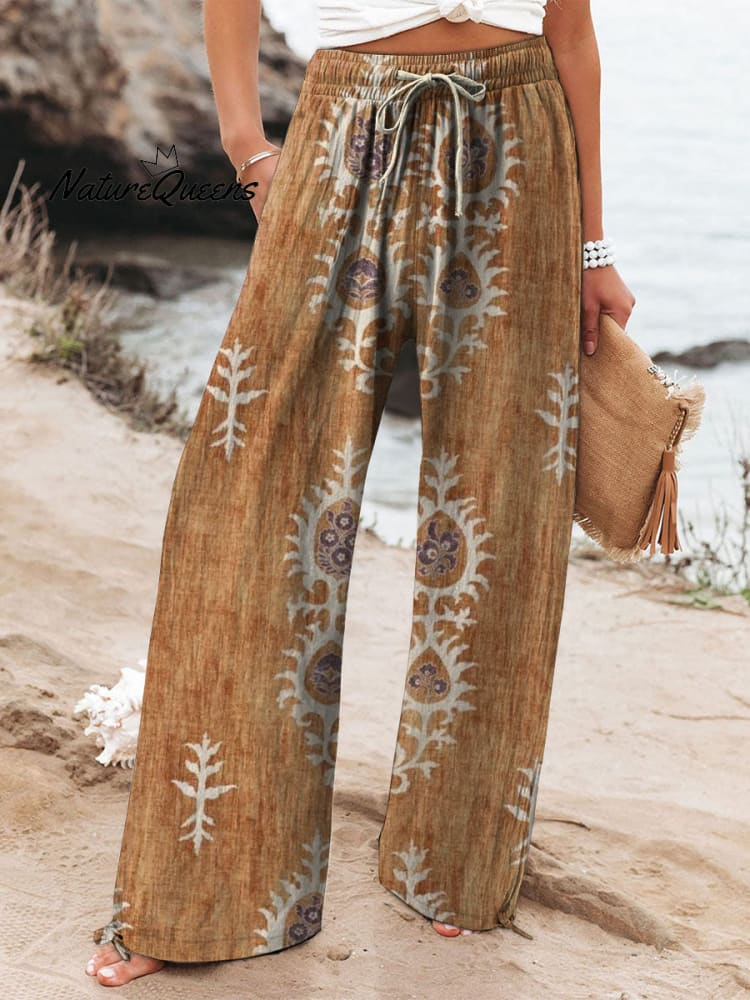 Womens Retro Geometric Floral Pattern Cotton And Linen Wide Leg Casual Pants