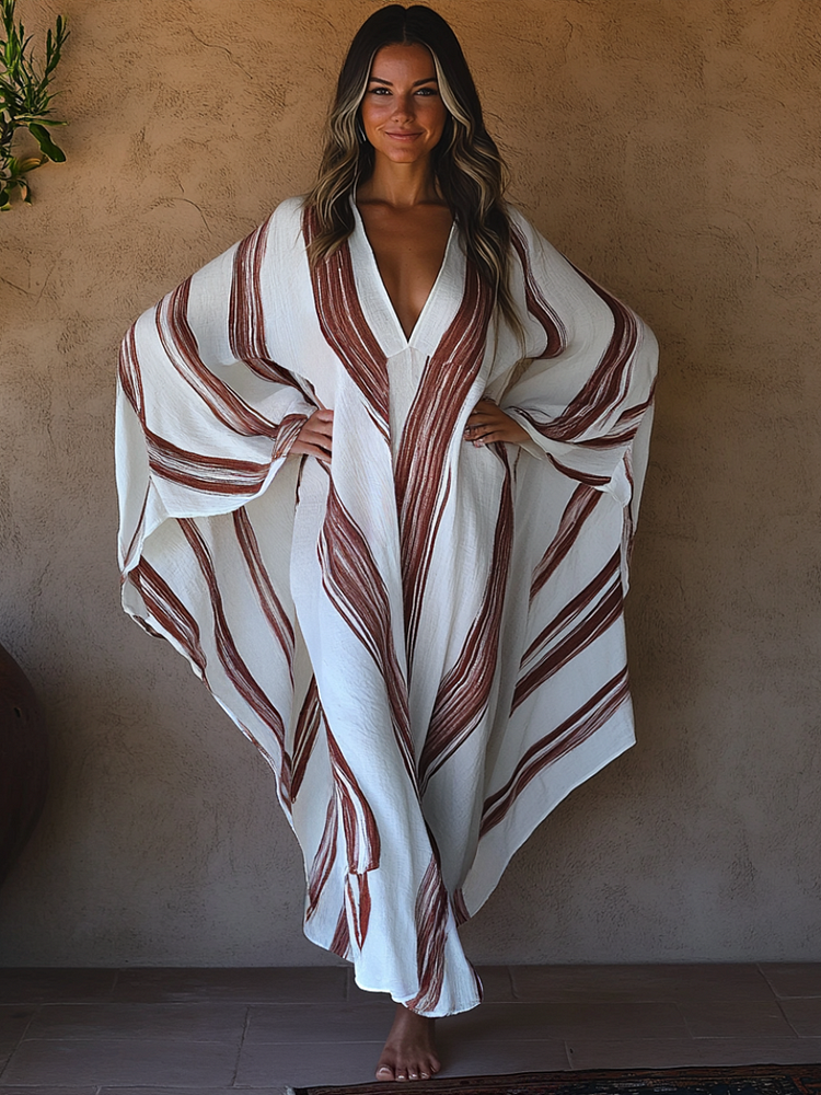 Ladies' Brushstroke Symphony Art Red-White Linen V-Neck Robe