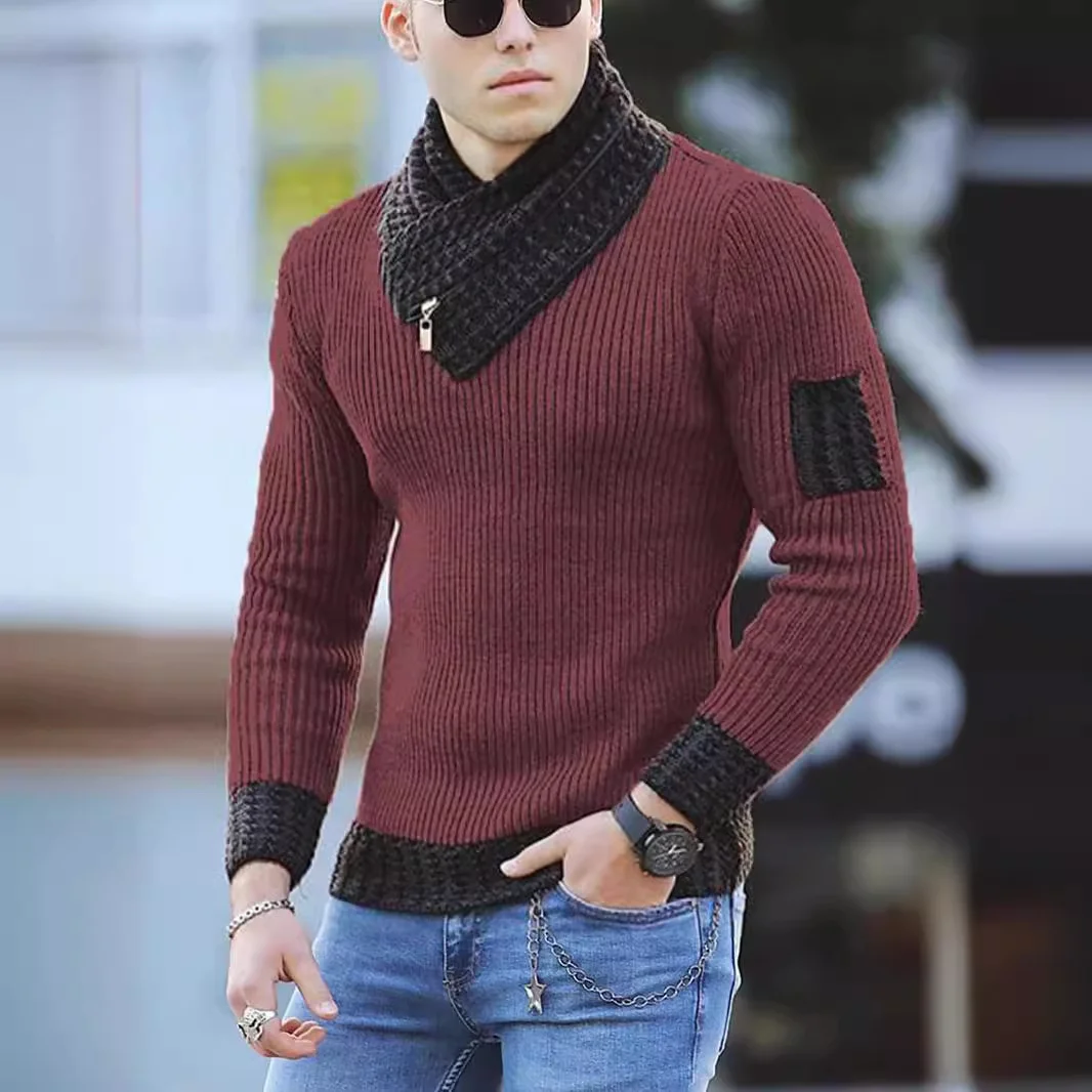 Wongn Wongn Men's Casual Slim Knit Jumper Long Sleeve Scarf Neck Sweater Men's Wear