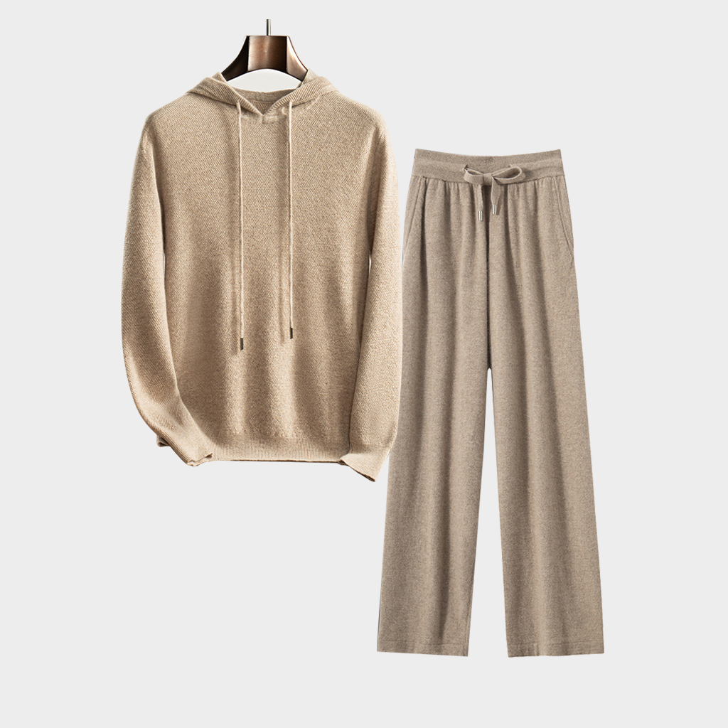 Men's Camel Hoodie Cashmere Sweater and Wide-Leg Pants Set | Casual Outfit REAL SILK LIFE