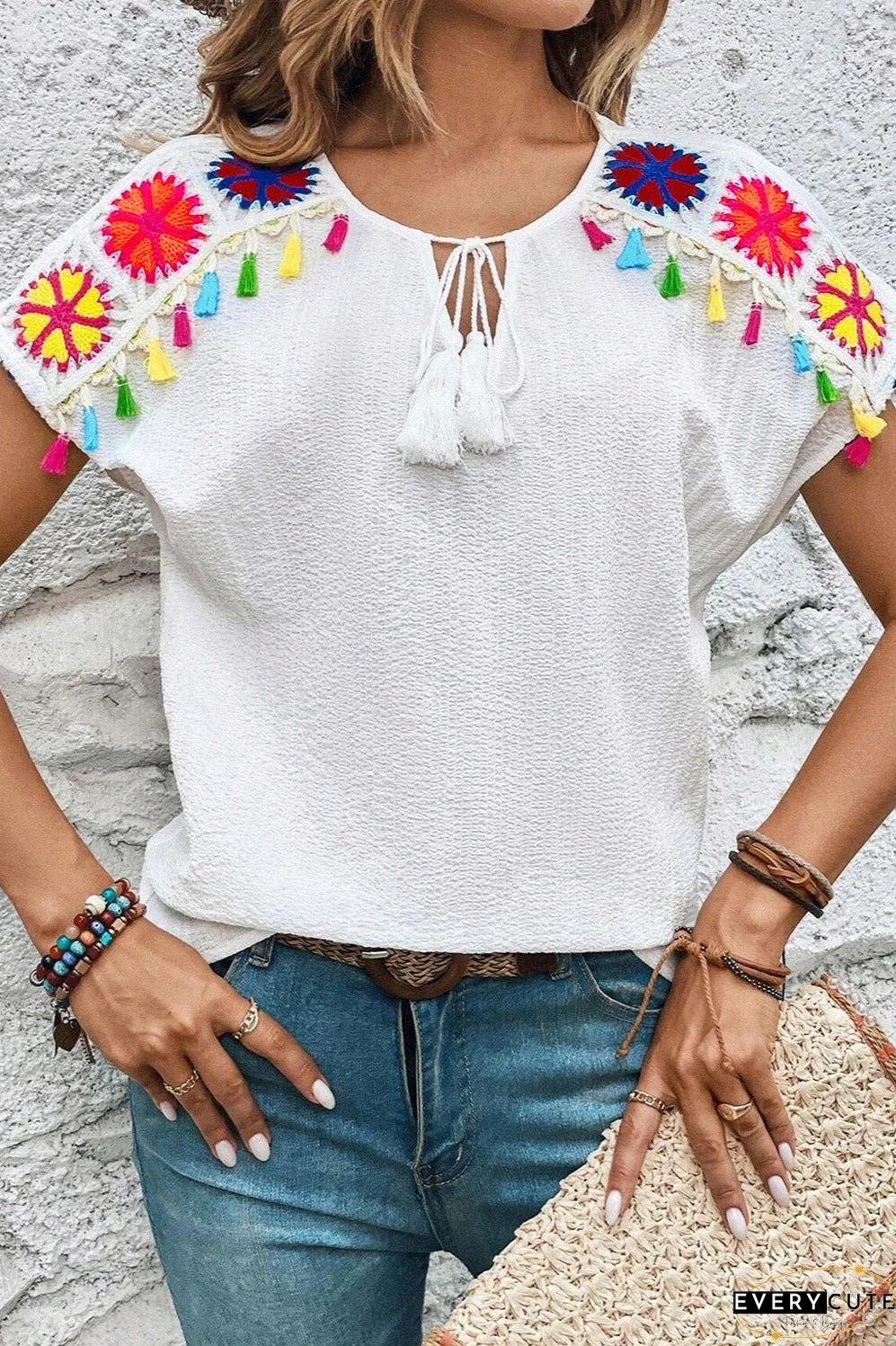 Tassel Tie Neck Short Sleeve Blouse