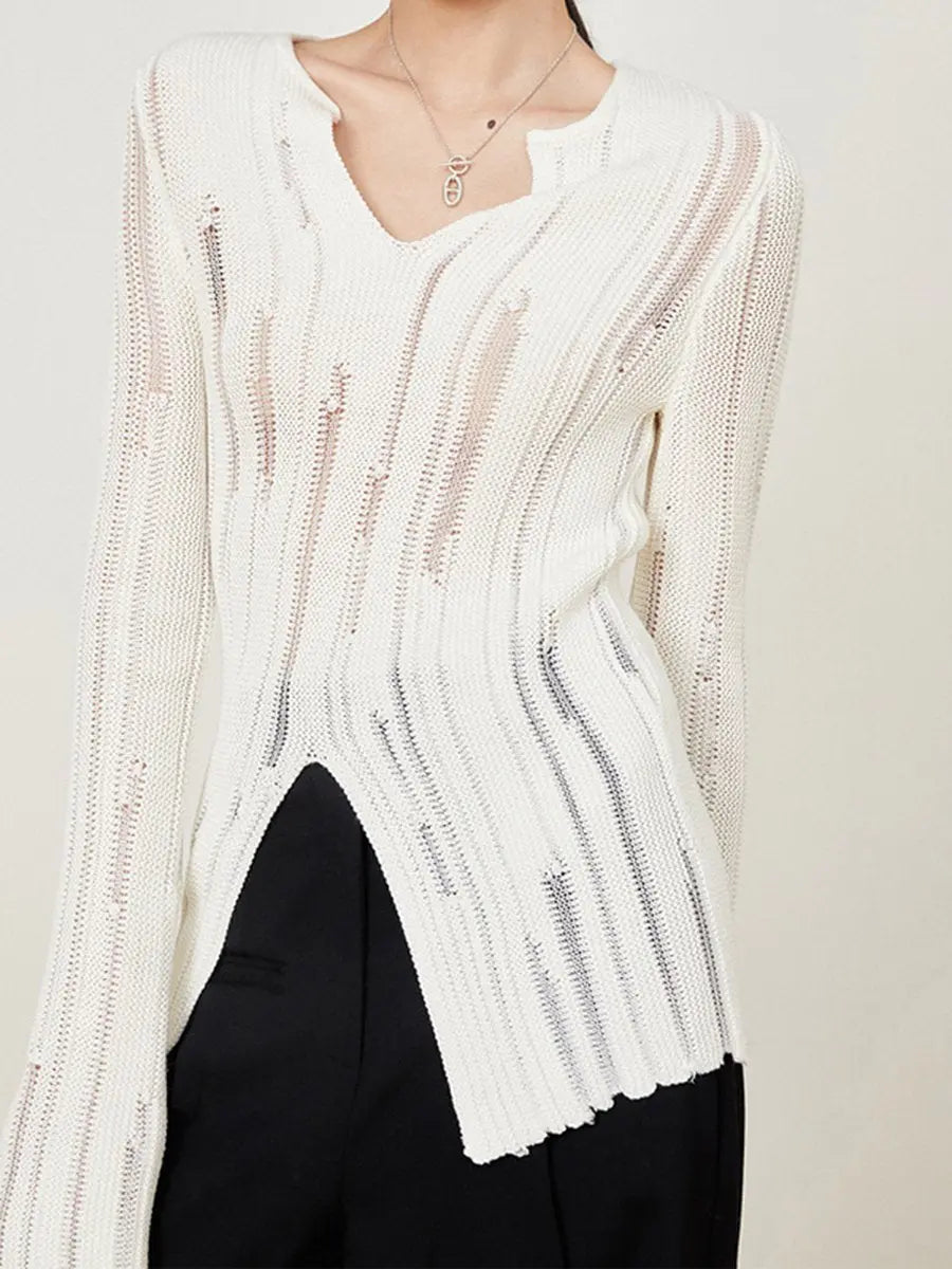 V Neck Long Sleeve Hollow Out Knitting T-Shirts