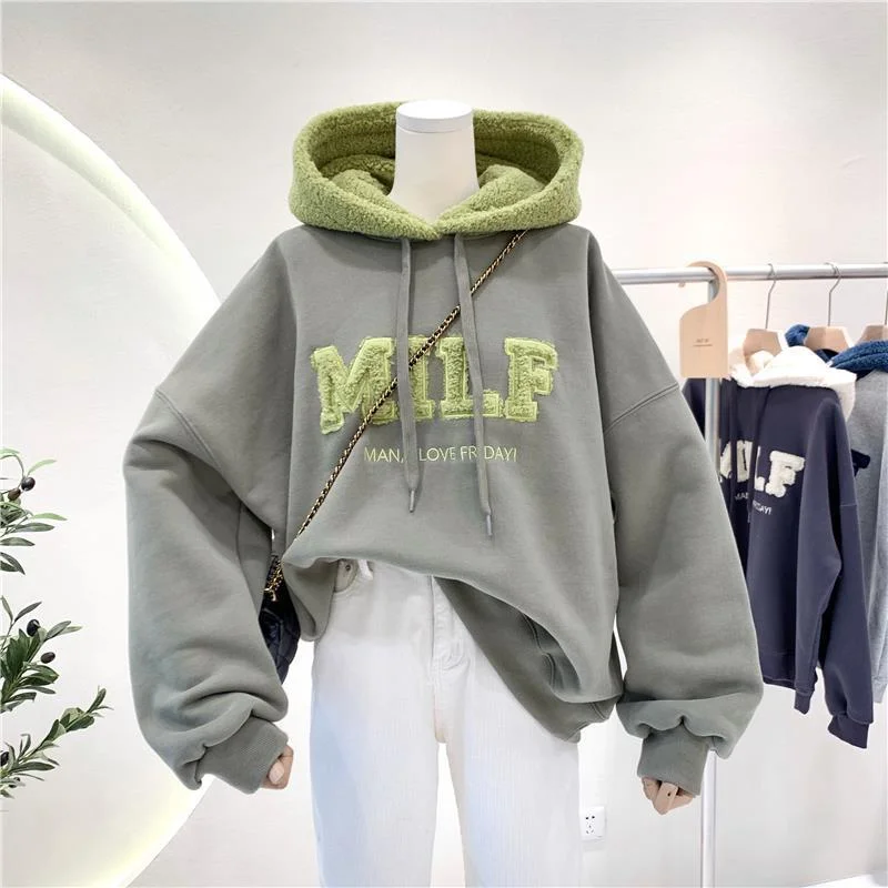 NEEDBO MILF Hoodies Women's Sweatshirts Letter Print Lamb Wool Pullovers Loose Korean Style Jacket Full Sleeve Casual Tops 2021