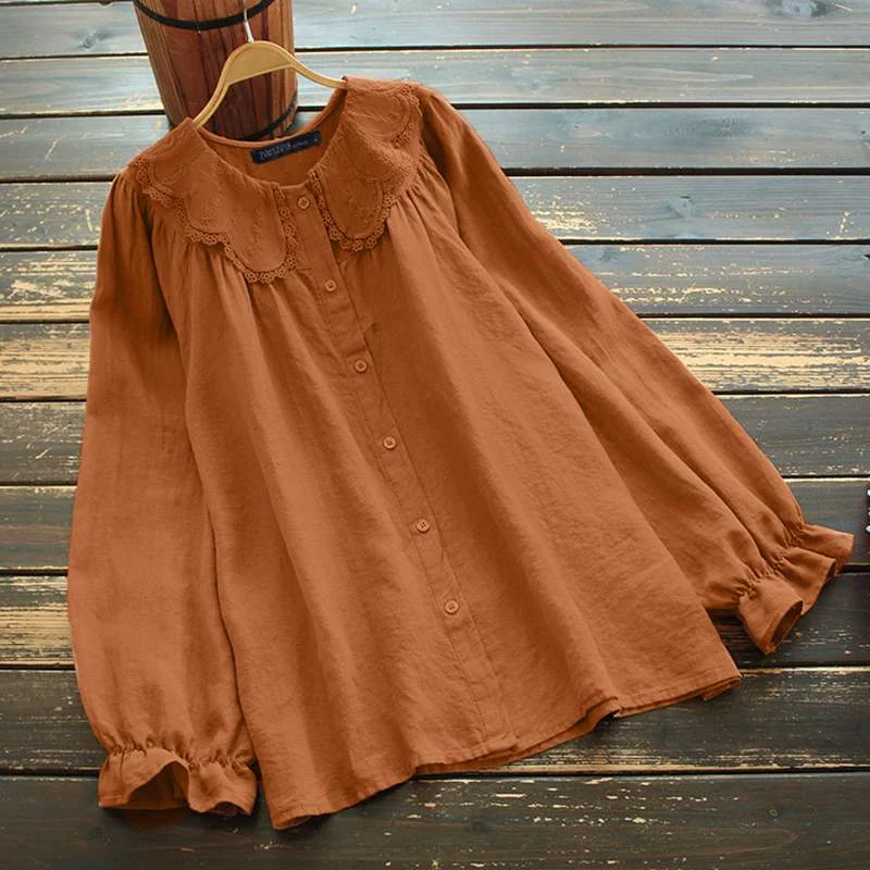 Oversized Tunic Tops ZANZEA Vintage Women Lace Crochet Blouse Spring Long Sleeve Buttons Shirt Solid Blusas Casual Loose Chemise