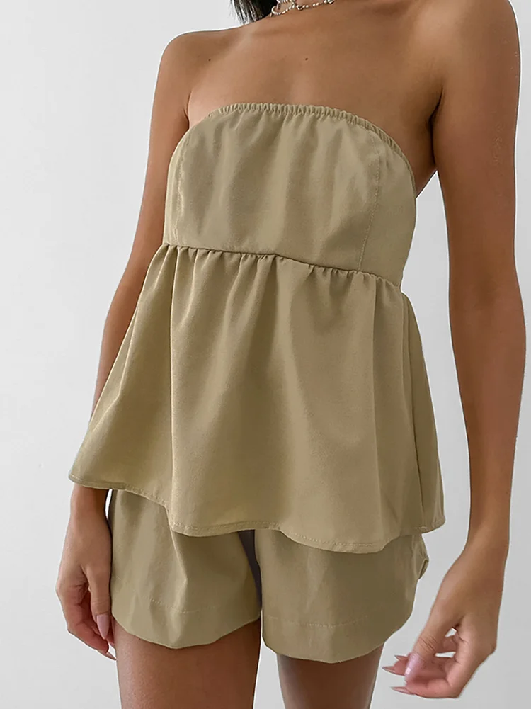 Women's 2024 Sexy Off Shoulder Ruff Top and High Waist Wide Leg Short Pant