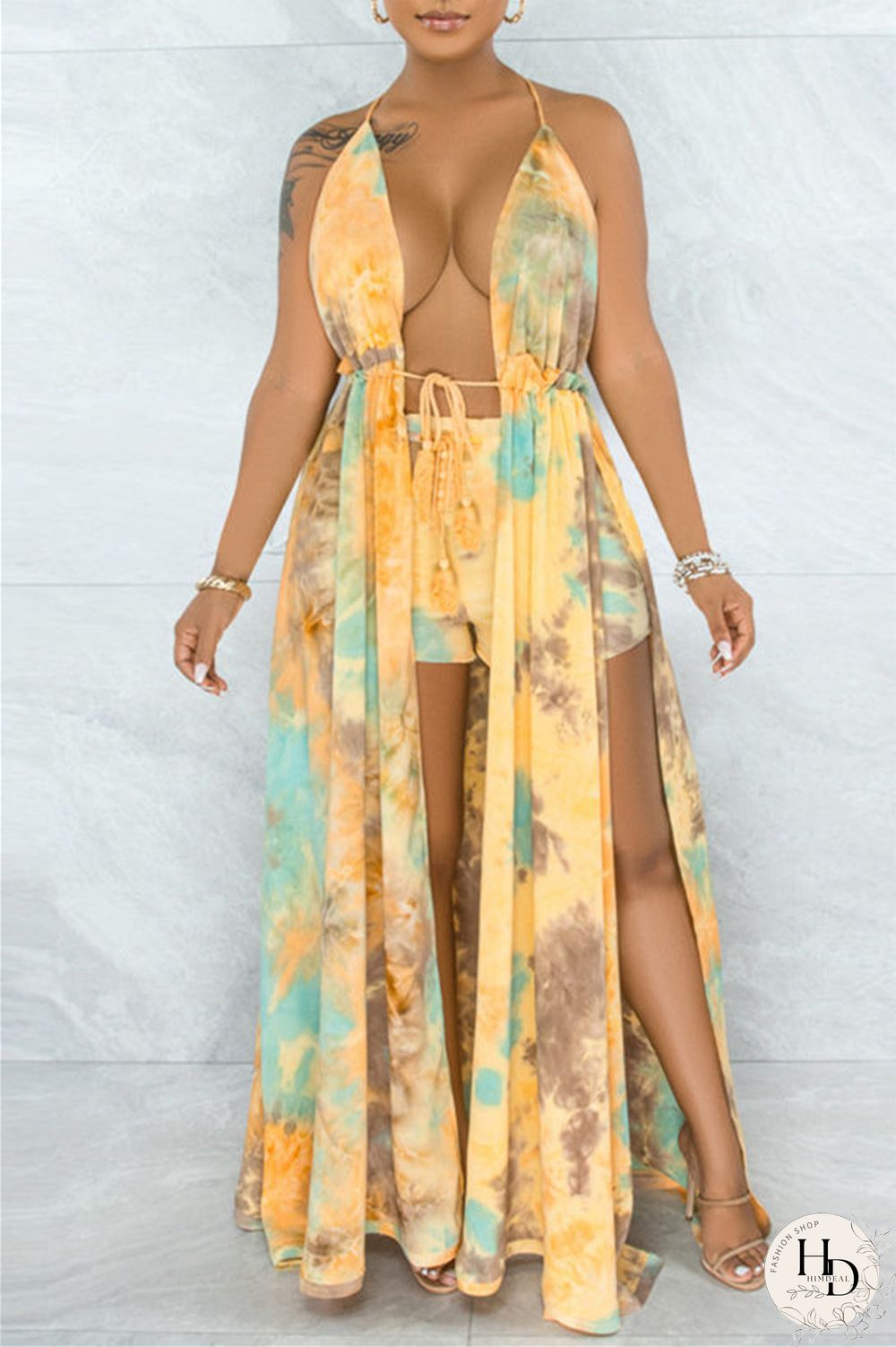 Royal Blue Fashion Sexy Print Bandage Backless V Neck Sleeveless Two Pieces