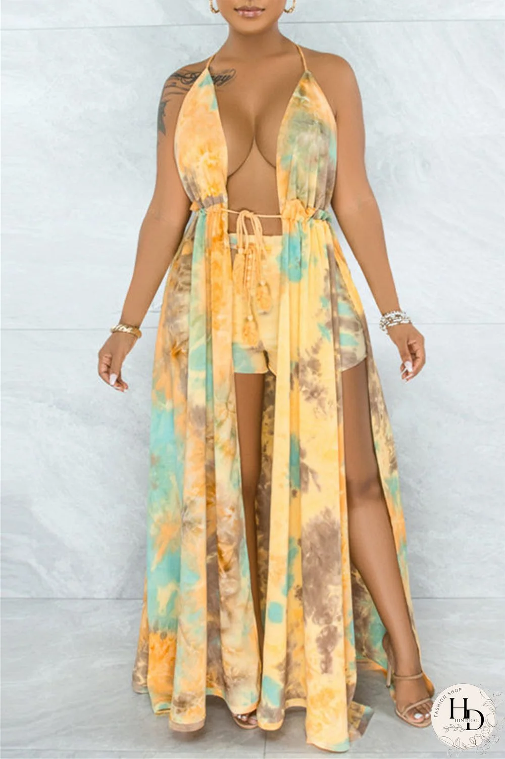 Royal Blue Fashion Sexy Print Bandage Backless V Neck Sleeveless Two Pieces