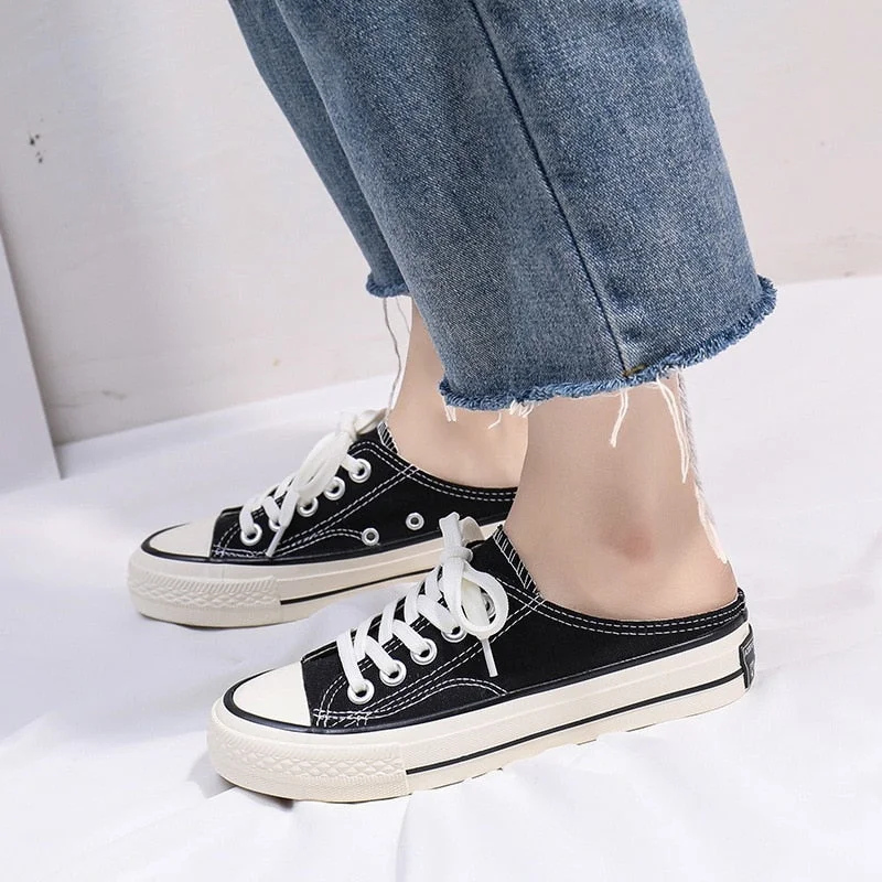 Female Half Slippers Lace Up Canvas Shoes Women's Summer Versatile Flats Slip-on Loafers No Heel Pregnant Women Vulcanized Shoes