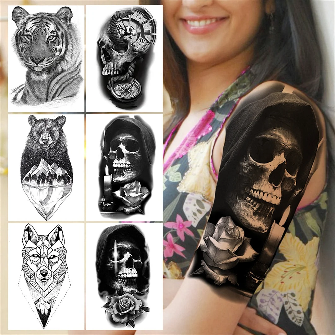 Scary Skull Rose Flower Temporary Tattoo For Women Men Adult Animal Tattoo Sticker Fake Tiger Bear Wolf Skeleton Tatoo Halloween